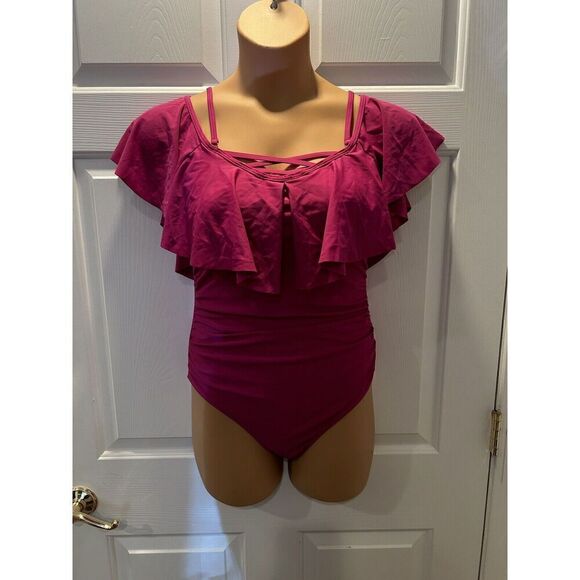Holipick Womens Size Medium Ruffled Crisscross Ruched Front Swimsuit Magenta - Picture 1 of 5